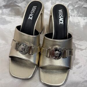 Versace Metallic Gold Mules with Medusa Emblem
